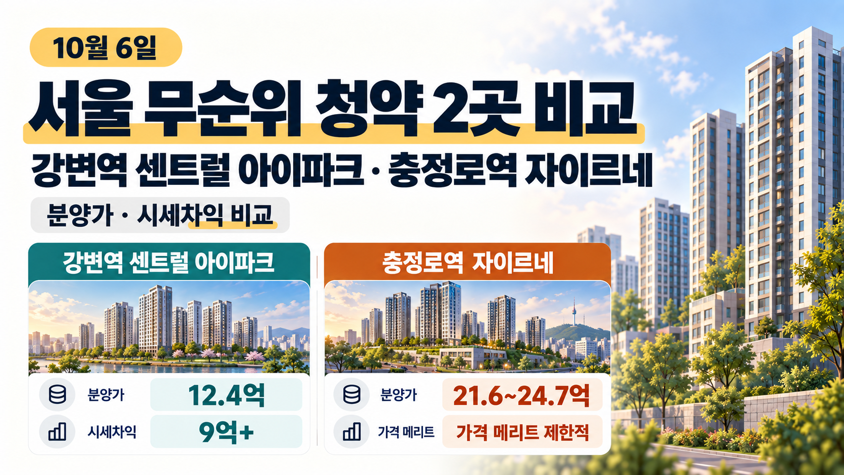 10월 6일 서울 무순위 청약 2곳 강변역 센트럴 아이파크와 충정로역 자이르네 분양가·시세차익 비교 썸네일