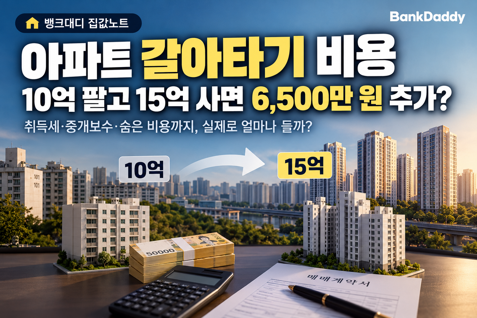 10억 원 아파트를 팔고 15억 원 아파트로 갈아탈 때 취득세와 중개보수 6,500만 원이 추가되는 사례